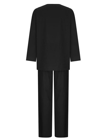 Solid Color Loose Long Sleeve Round Neck Shirts Top and Drawstring Pants Bottom Two-Piece Set