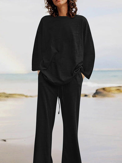 Solid Color Loose Long Sleeve Round Neck Shirts Top and Drawstring Pants Bottom Two-Piece Set