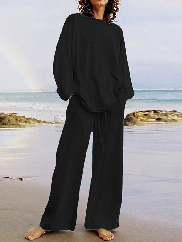 Solid Color Loose Long Sleeve Round Neck Shirts Top and Drawstring Pants Bottom Two-Piece Set