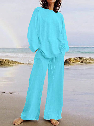 Solid Color Loose Long Sleeve Round Neck Shirts Top and Drawstring Pants Bottom Two-Piece Set
